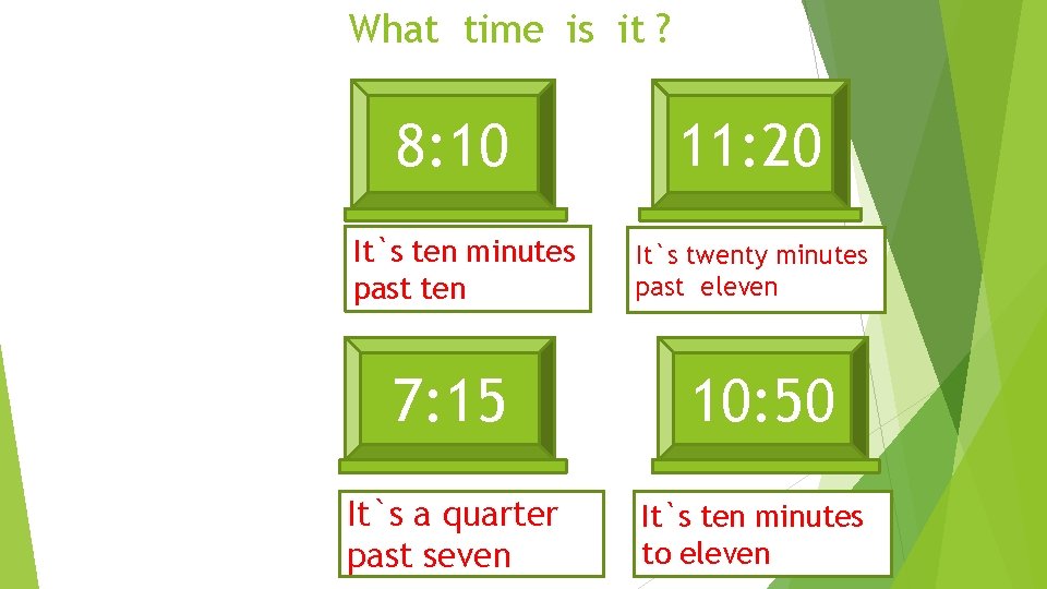 What time is it ? 8: 10 It`s ten minutes past ten 7: 15