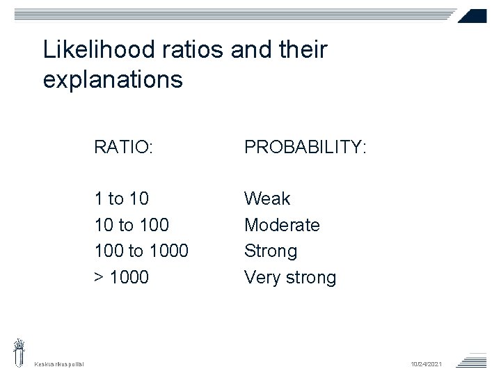 Likelihood ratios and their explanations Keskusrikospoliisi RATIO: PROBABILITY: 1 to 10 10 to 1000