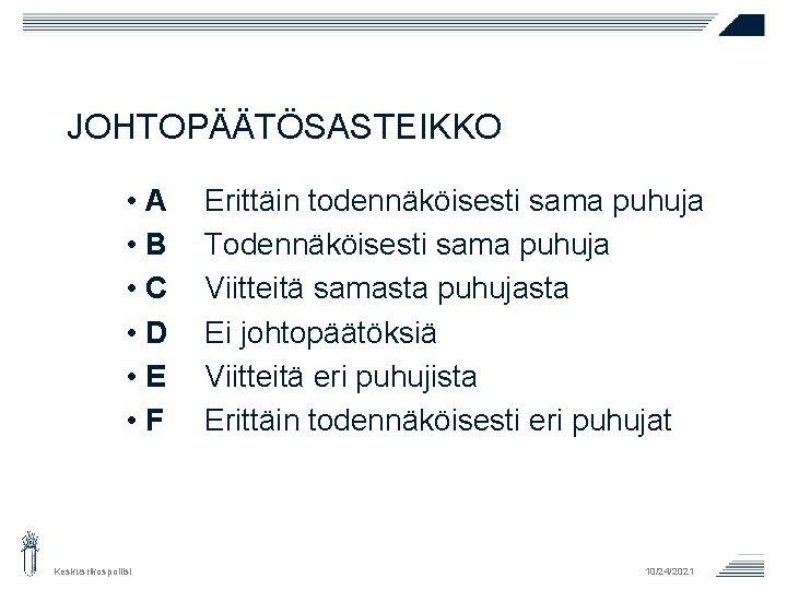 JOHTOPÄÄTÖSASTEIKKO • A • B • C • D • E • F Keskusrikospoliisi