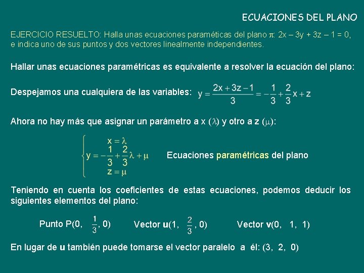 ECUACIONES DEL PLANO EJERCICIO RESUELTO: Halla unas ecuaciones paraméticas del plano : 2 x