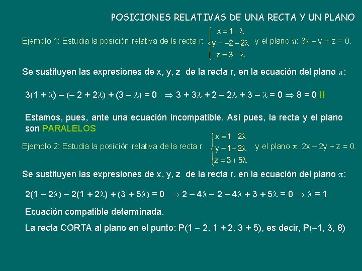 POSICIONES RELATIVAS DE UNA RECTA Y UN PLANO Ejemplo 1: Estudia la posición relativa