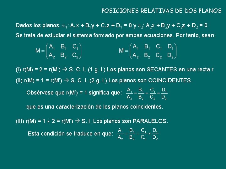 POSICIONES RELATIVAS DE DOS PLANOS Dados los planos: 1: A 1 x + B