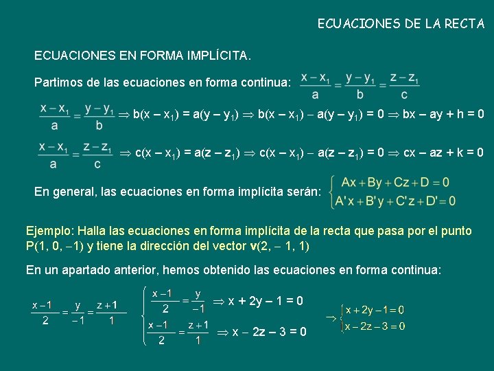 ECUACIONES DE LA RECTA ECUACIONES EN FORMA IMPLÍCITA. Partimos de las ecuaciones en forma