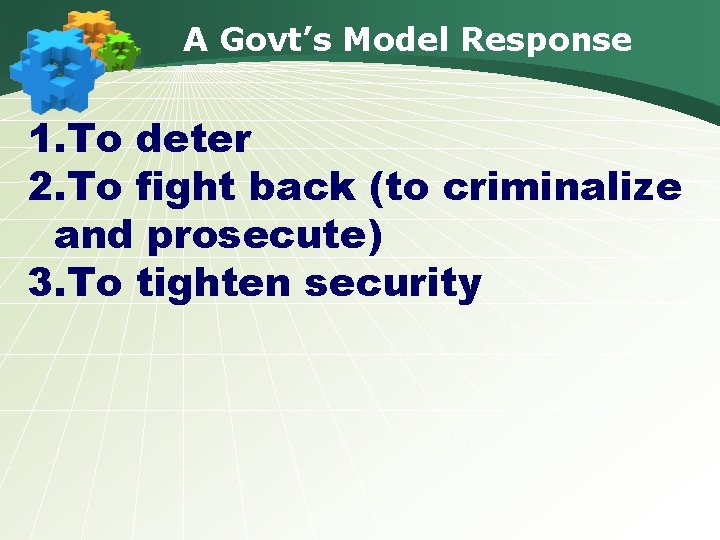 A Govt’s Model Response 1. To deter 2. To fight back (to criminalize and