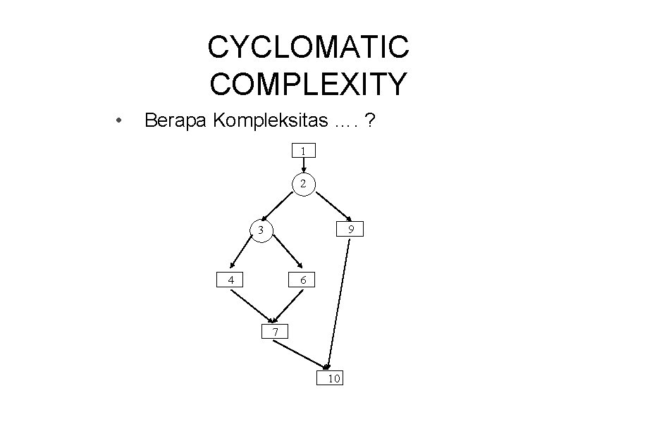 CYCLOMATIC COMPLEXITY • Berapa Kompleksitas …. ? 1 2 9 3 4 6 7