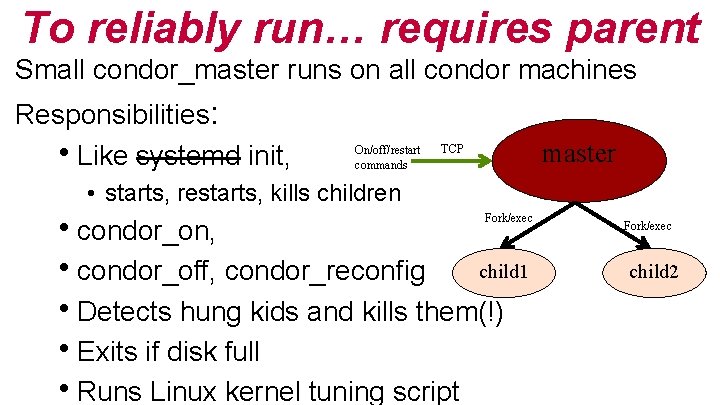 To reliably run… requires parent Small condor_master runs on all condor machines Responsibilities: h.