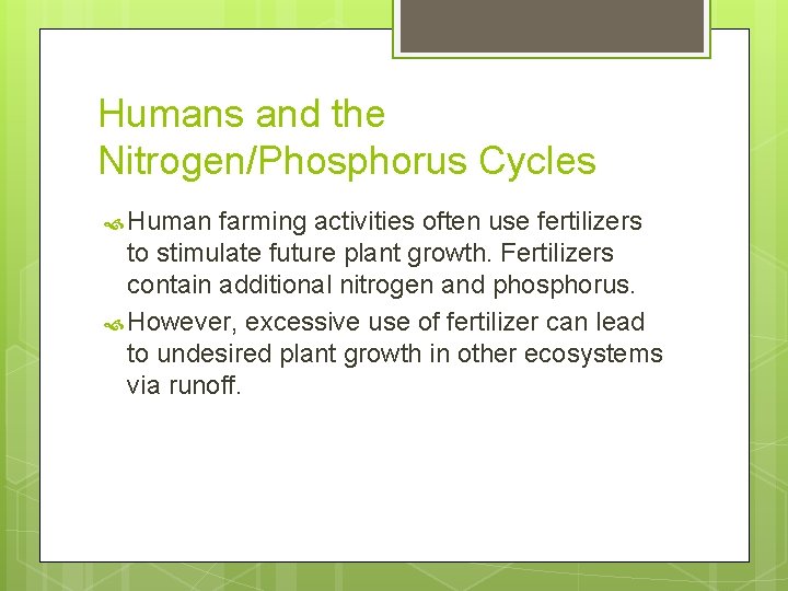 Humans and the Nitrogen/Phosphorus Cycles Human farming activities often use fertilizers to stimulate future Humans and the Nitrogen/Phosphorus Cycles Human farming activities often use fertilizers to stimulate future