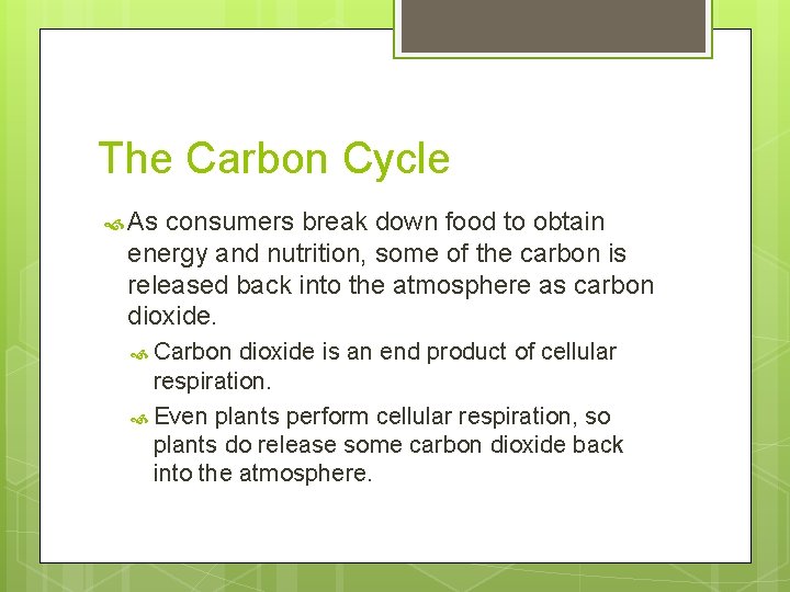 The Carbon Cycle As consumers break down food to obtain energy and nutrition, some The Carbon Cycle As consumers break down food to obtain energy and nutrition, some