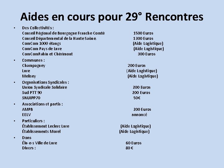 Aides en cours pour 29° Rencontres • • • Des Collectivités : Conseil Régional