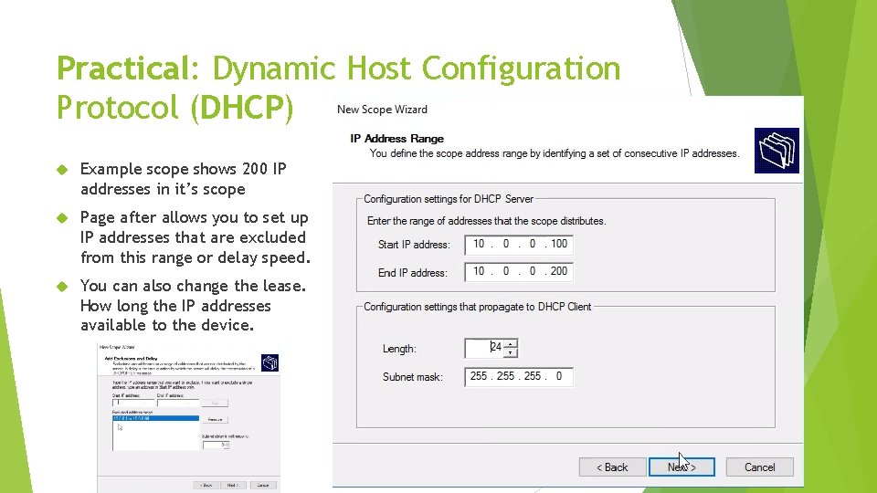 Practical: Dynamic Host Configuration Protocol (DHCP) Example scope shows 200 IP addresses in it’s