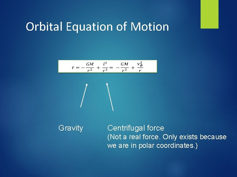 Orbital Equation of Motion Gravity Centrifugal force (Not a real force. Only exists because