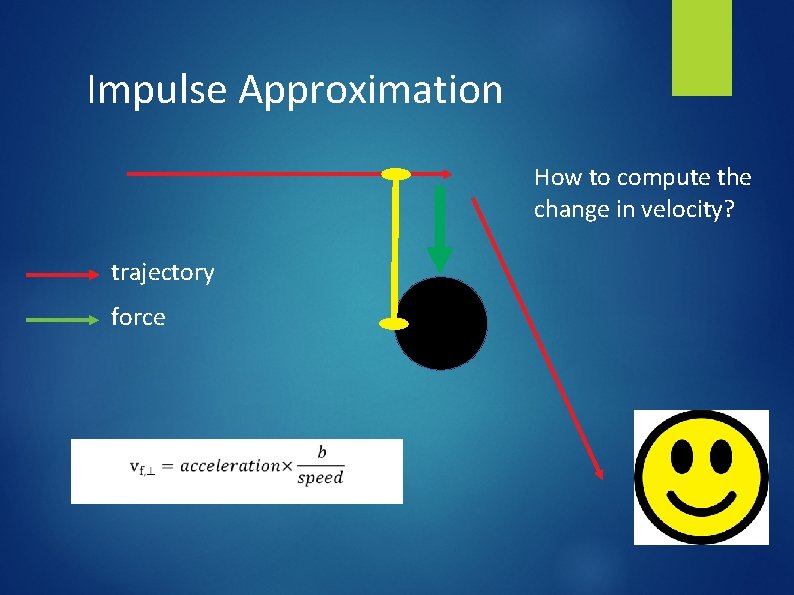 Impulse Approximation How to compute the change in velocity? trajectory force 