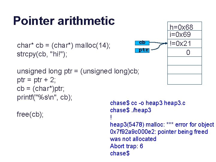 Pointer arithmetic char* cb = (char*) malloc(14); strcpy(cb, "hi!"); cb ptr unsigned long ptr