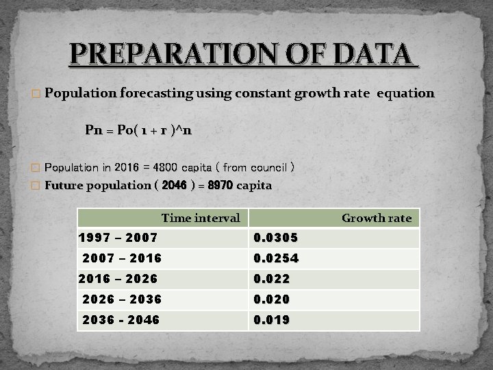 PREPARATION OF DATA � Population forecasting using constant growth rate equation Pn = P