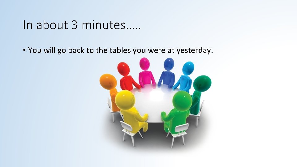 In about 3 minutes…. . • You will go back to the tables you