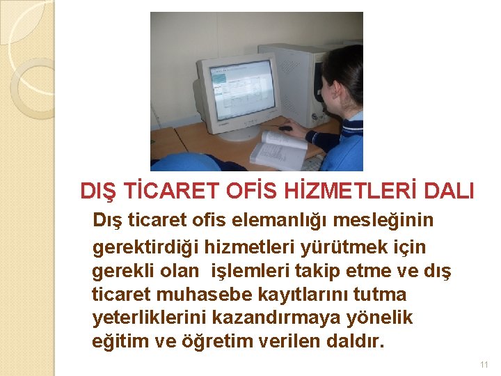 DIŞ TİCARET OFİS HİZMETLERİ DALI Dış ticaret ofis elemanlığı mesleğinin gerektirdiği hizmetleri yürütmek için