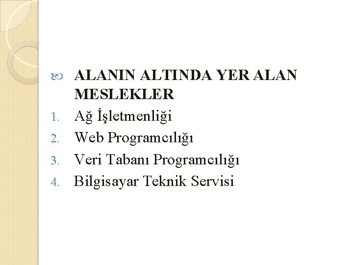  1. 2. 3. 4. ALANIN ALTINDA YER ALAN MESLEKLER Ağ İşletmenliği Web Programcılığı