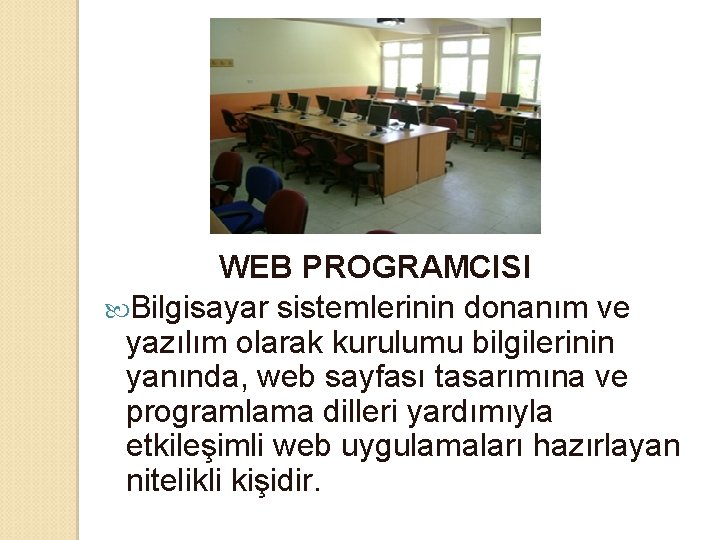 WEB PROGRAMCISI Bilgisayar sistemlerinin donanım ve yazılım olarak kurulumu bilgilerinin yanında, web sayfası tasarımına