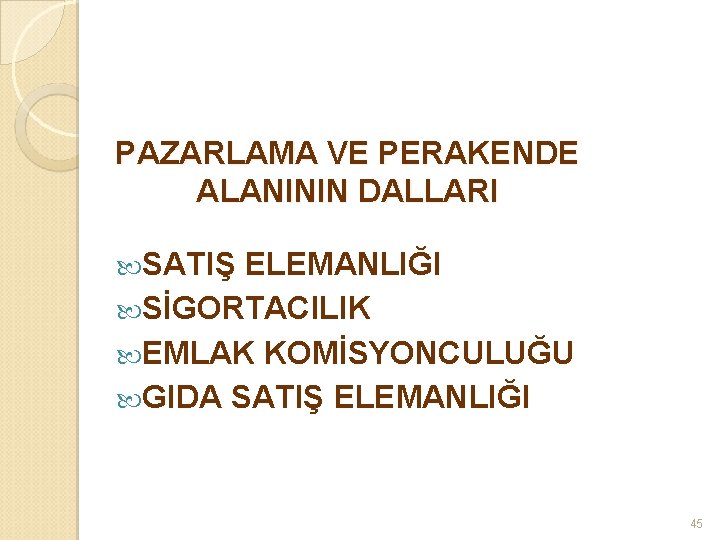 PAZARLAMA VE PERAKENDE ALANININ DALLARI SATIŞ ELEMANLIĞI SİGORTACILIK EMLAK KOMİSYONCULUĞU GIDA SATIŞ ELEMANLIĞI 45