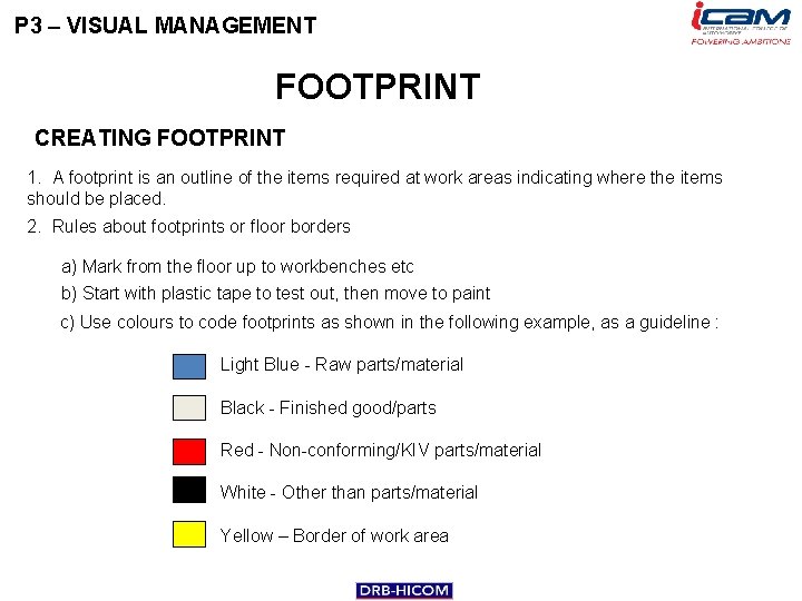 P 3 – VISUAL MANAGEMENT FOOTPRINT CREATING FOOTPRINT 1. A footprint is an outline