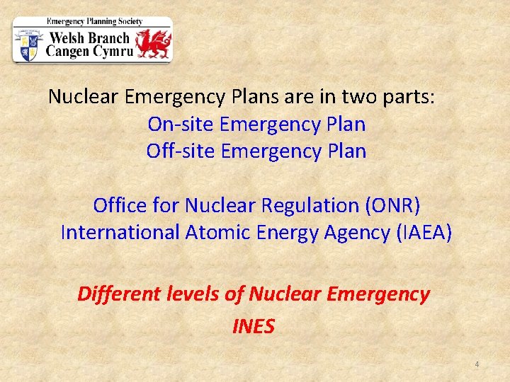 Nuclear Emergency Plans are in two parts: On-site Emergency Plan Office for Nuclear Regulation
