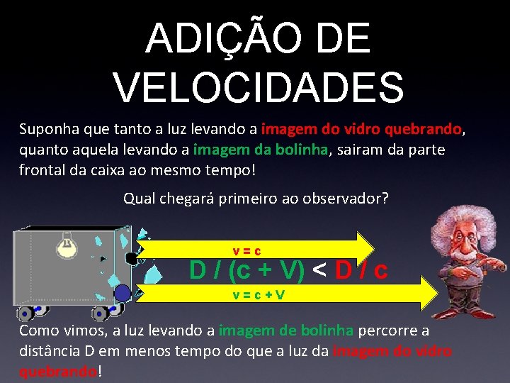 ADIÇÃO DE VELOCIDADES Suponha que tanto a luz levando a imagem do vidro quebrando,