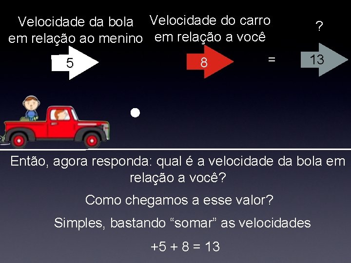 Velocidade da bola Velocidade do carro em relação ao menino em relação a você