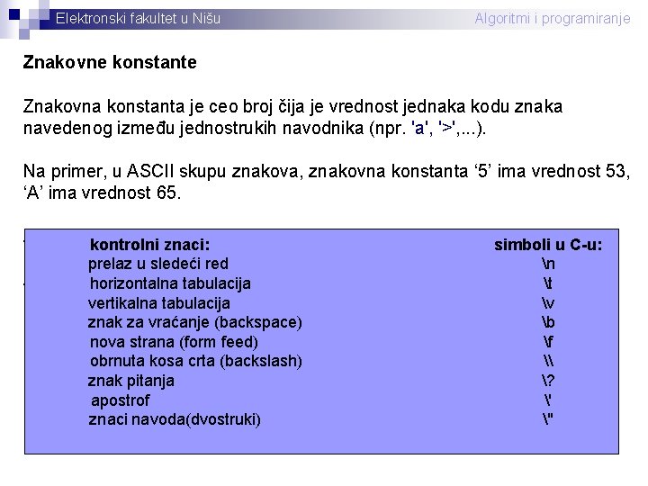 Elektronski fakultet u Nišu Algoritmi i programiranje Znakovne konstante Znakovna konstanta je ceo broj