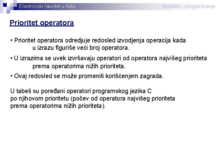 Elektronski fakultet u Nišu Algoritmi i programiranje Prioritet operatora • Prioritet operatora odredjuje redosled