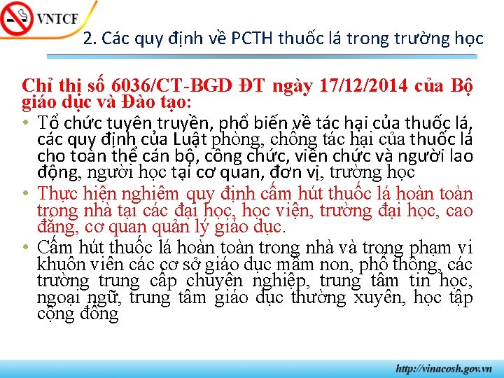 2. Các quy định về PCTH thuốc lá trong trường học Chỉ thị số