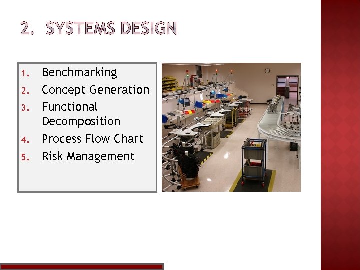 1. 2. 3. 4. 5. Benchmarking Concept Generation Functional Decomposition Process Flow Chart Risk