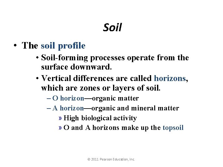 Soil • The soil profile • Soil-forming processes operate from the surface downward. •