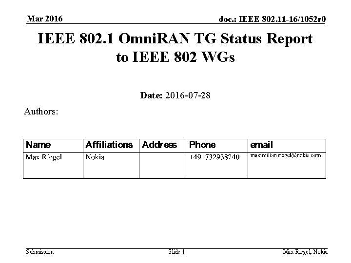 Mar 2016 doc. : IEEE 802. 11 -16/1052 r 0 IEEE 802. 1 Omni.