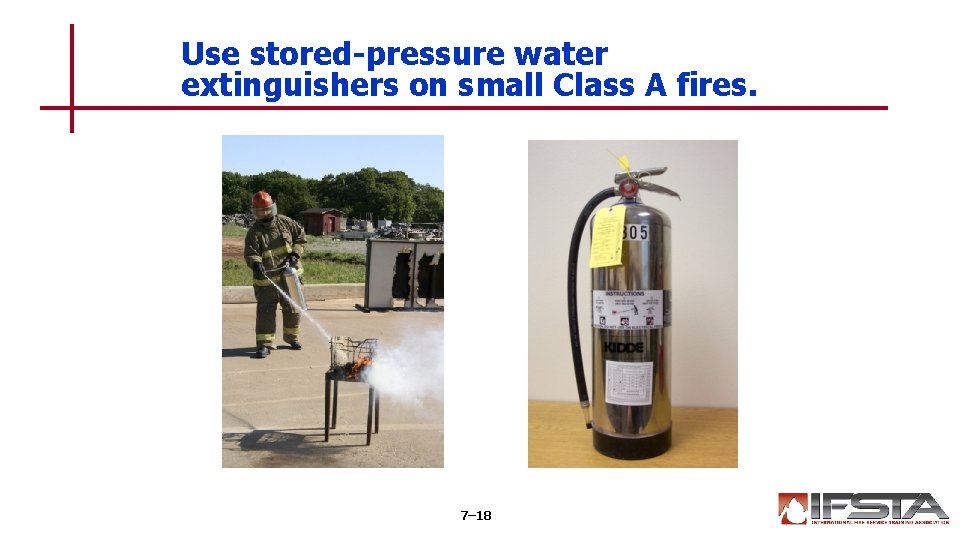 Use stored-pressure water extinguishers on small Class A fires. 7– 18 