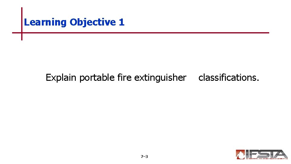 Learning Objective 1 Explain portable fire extinguisher 7– 3 classifications. 