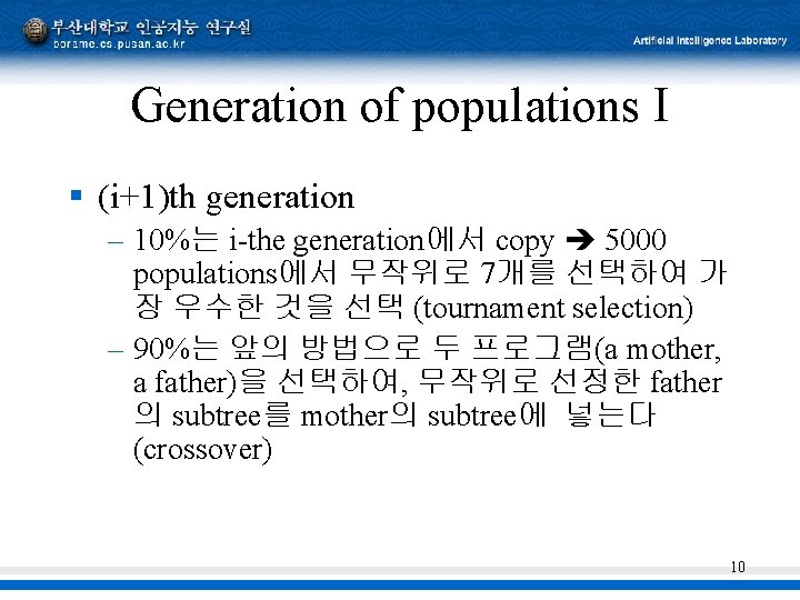 Generation of populations I § (i+1)th generation – 10%는 i-the generation에서 copy 5000 populations에서
