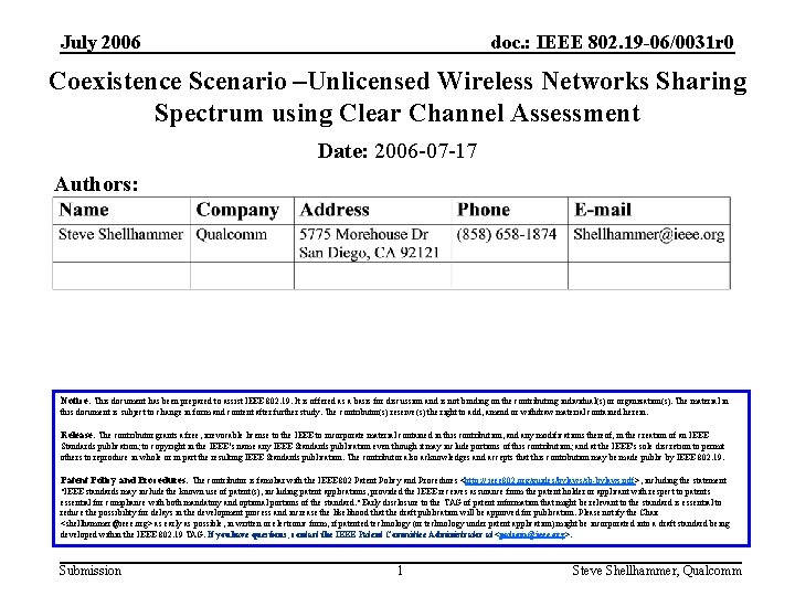 July 2006 doc. : IEEE 802. 19 -06/0031 r 0 Coexistence Scenario –Unlicensed Wireless