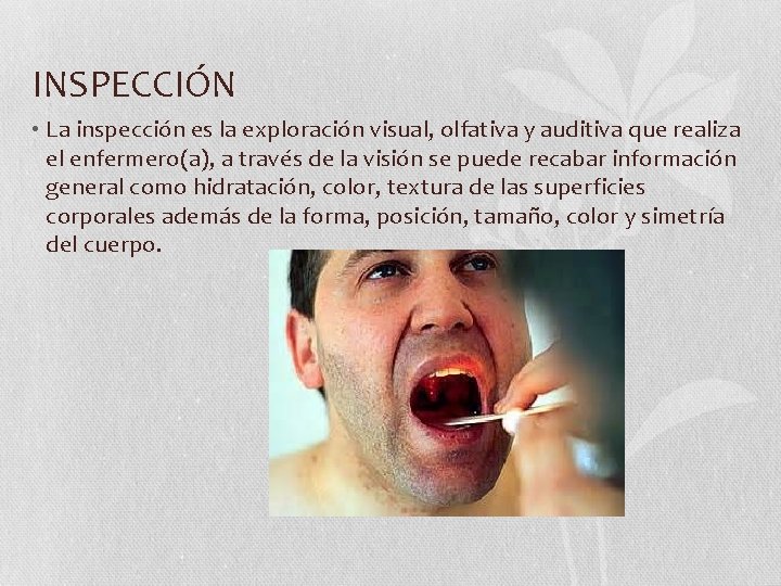 INSPECCIÓN • La inspección es la exploración visual, olfativa y auditiva que realiza el INSPECCIÓN • La inspección es la exploración visual, olfativa y auditiva que realiza el