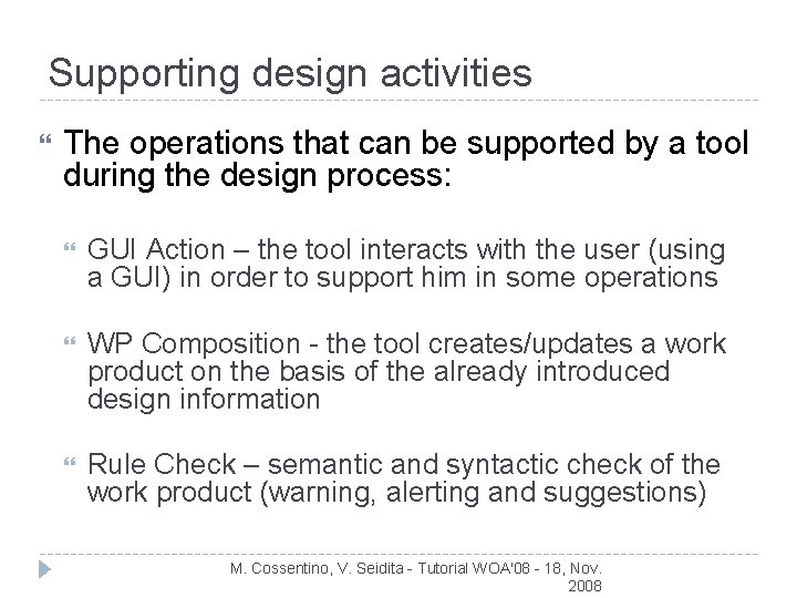 Supporting design activities The operations that can be supported by a tool during the