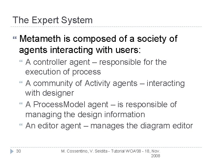 The Expert System Metameth is composed of a society of agents interacting with users: