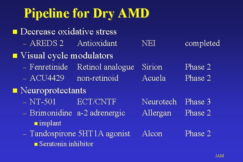 Pipeline for Dry AMD n Decrease oxidative stress – n Antioxidant NEI completed Visual