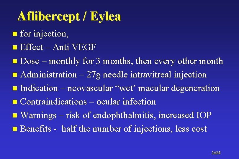 Aflibercept / Eylea for injection, n Effect – Anti VEGF n Dose – monthly