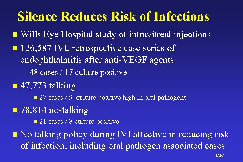 Silence Reduces Risk of Infections Wills Eye Hospital study of intravitreal injections n 126,