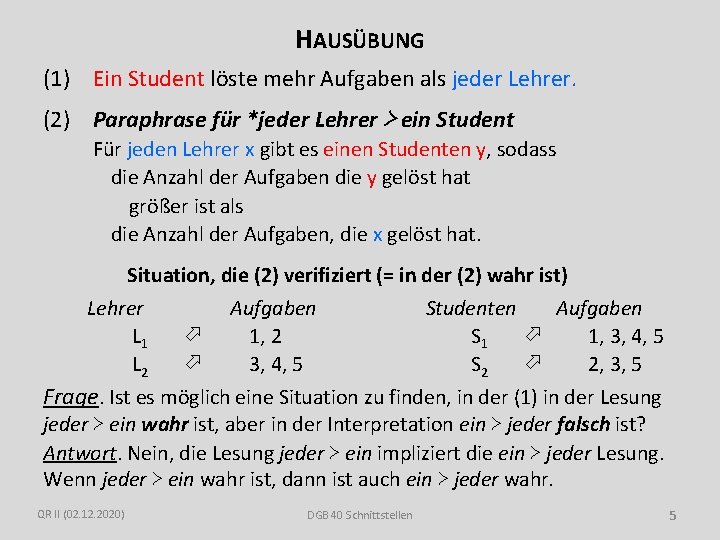 HAUSÜBUNG (1) Ein Student löste mehr Aufgaben als jeder Lehrer. (2) Paraphrase für *jeder