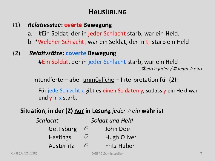 HAUSÜBUNG (1) Relativsätze: overte Bewegung a. #Ein Soldat, der in jeder Schlacht starb, war