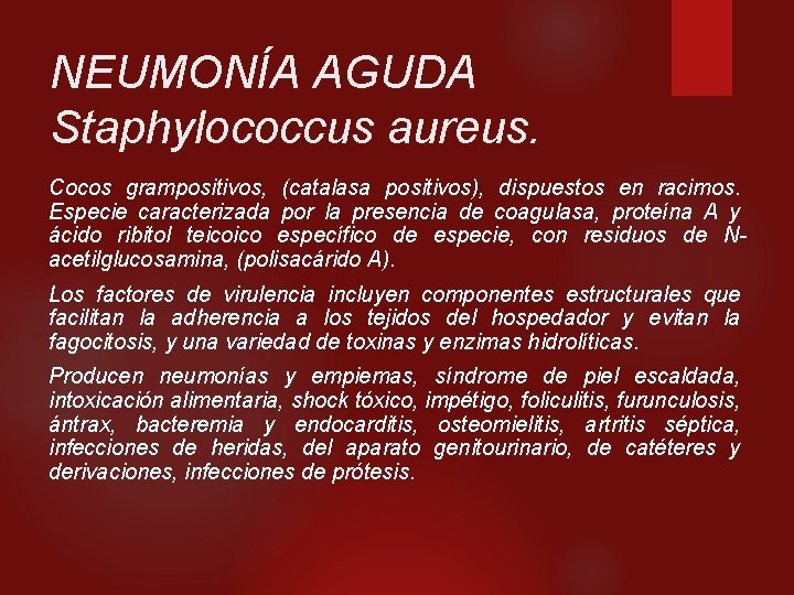 NEUMONÍA AGUDA Staphylococcus aureus. Cocos grampositivos, (catalasa positivos), dispuestos en racimos. Especie caracterizada por