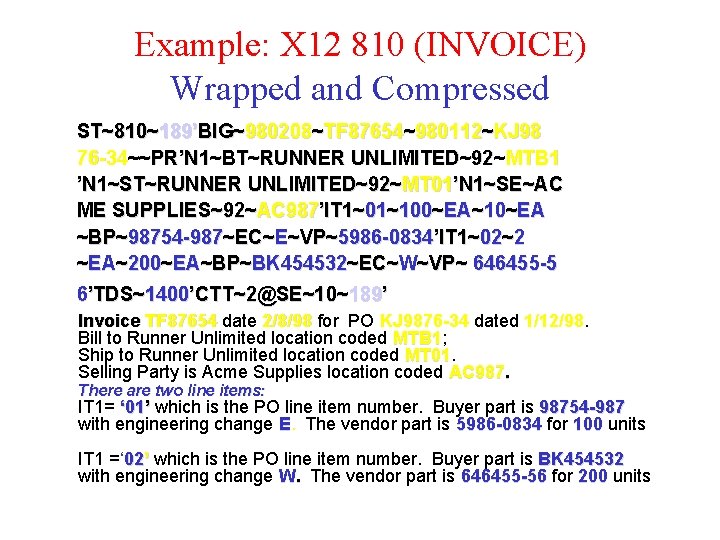 Example: X 12 810 (INVOICE) Wrapped and Compressed ST~810~189’BIG~980208~TF 87654~980112~KJ 98 76 -34~~PR’N 1~BT~RUNNER