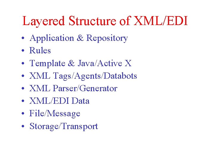 Layered Structure of XML/EDI • • Application & Repository Rules Template & Java/Active X