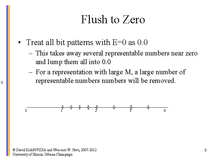 Flush to Zero • Treat all bit patterns with E=0 as 0. 0 –