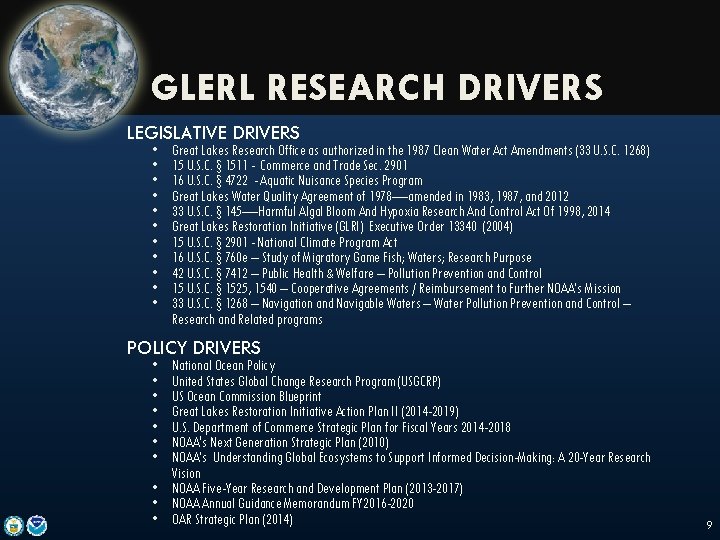 GLERL RESEARCH DRIVERS LEGISLATIVE DRIVERS • • • Great Lakes Research Office as authorized